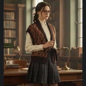 White + Warren Angora Blend Fair Isle Belted Cardigan Vest Shawl Collar Brown XS